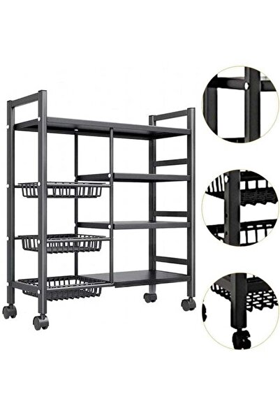 BLOOMING TIME رف تخزين مطبخ مكون من 4 طبقات مع 3 سلال شبكية وعجلات - أسود
