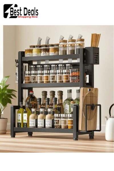 Generic Three-Layer Kitchen Storage Rack, Spice Storage Rack, Multi-Layer Black Spice Rack for Countertops,