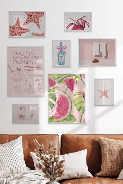 Postifull Çerçeveli Poster Seti, 8 Adet Beyaz Çerçeve ve Poster Pembe Yaz Tem...