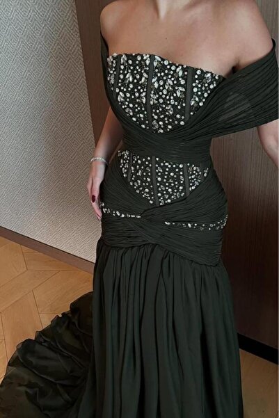 kadina Green Wrap Evening Dress with Pearls