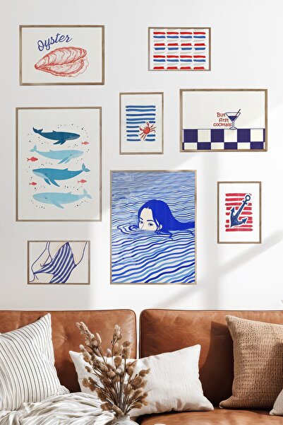 Postifull Çerçeveli Poster Seti, 8 Adet Ahşap Çerçeve ve Poster Vintage Mavi ...