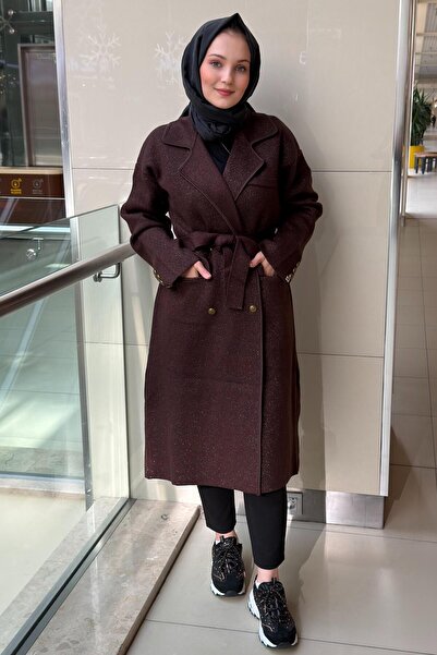 Ghisa Double-Breasted Collar Sequin Drawstring Knitwear Cap Coat