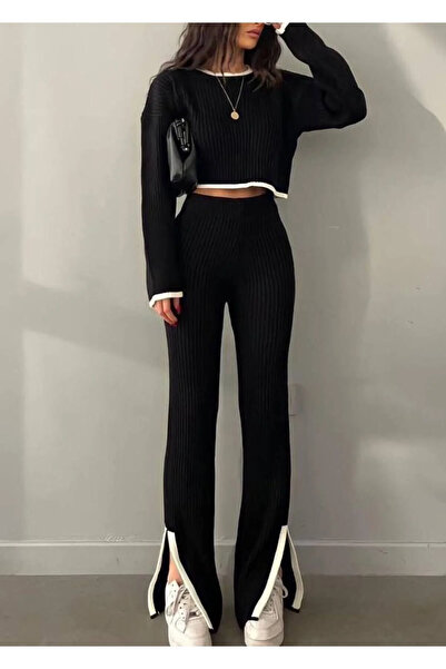 LİMABEL Milano Siyah Beyaz Çizgili Yırtmaçlı Örgü Crop-Pantolon Kadın Triko A...