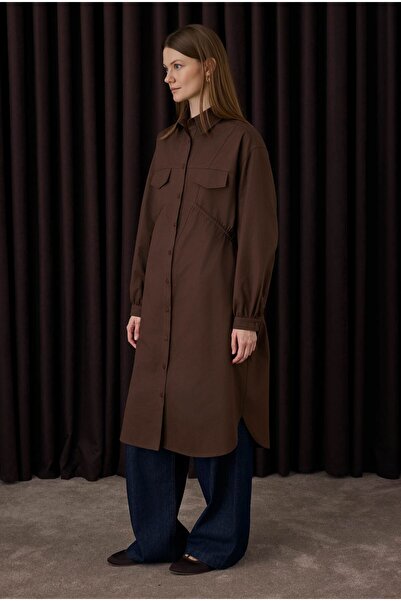 HEQA Μακρύ πουκάμισο λεπτομέρεια με σούρες Bitter Brown