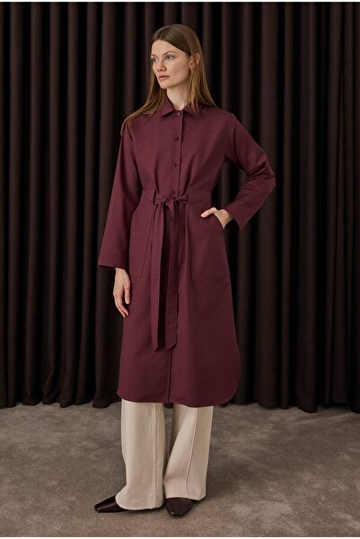 HEQA Belt Detailed Long Shirt Burgundy