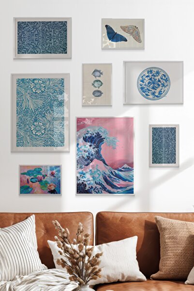 Postifull Çerçeveli Poster Seti, 8 Adet Beyaz Çerçeve ve Poster Mavi Yaz Tema...