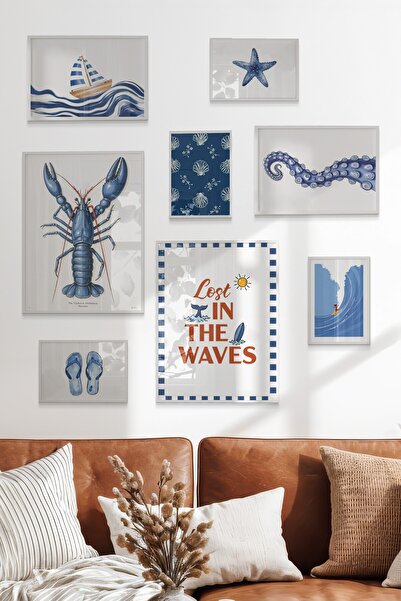 Postifull Çerçeveli Poster Seti, 8 Adet Beyaz Çerçeve ve Poster Yaz ve Mavi T...