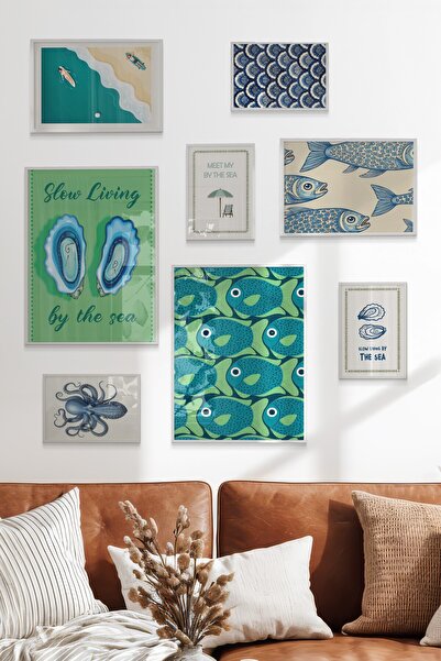 Postifull Çerçeveli Poster Seti, 8 Adet Beyaz Çerçeve ve Poster Turkuaz Mutfa...