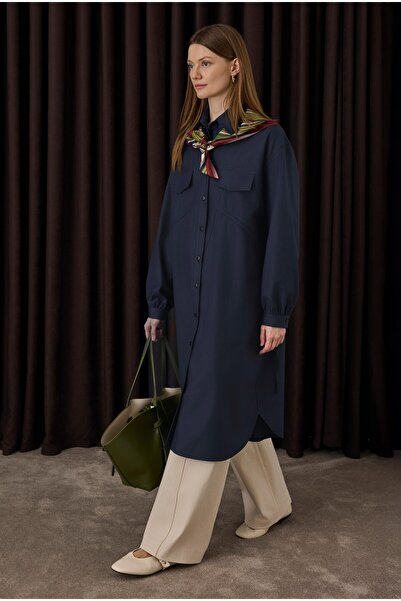 HEQA Μακρύ πουκάμισο λεπτομέρεια με σούρες Σκούρο μπλε ναυτικό