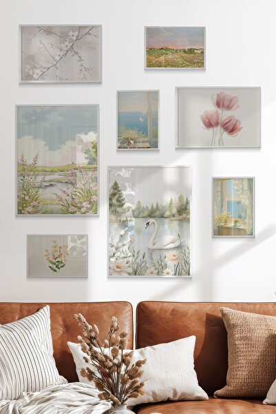 Postifull Çerçeveli Poster Seti, 8 Adet Beyaz Çerçeve ve Poster Pembe Vintage...