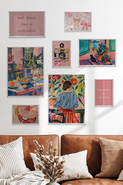 Postifull Çerçeveli Poster Seti, 8 Adet Beyaz Çerçeve ve Poster Maximalist Te...