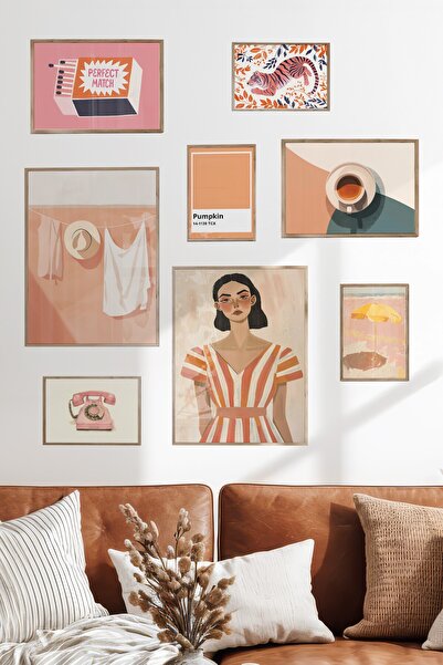 Postifull Çerçeveli Poster Seti, 8 Adet Ahşap Çerçeve ve Poster Soft Pembe Ya...
