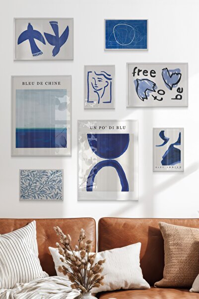 Postifull Çerçeveli Poster Seti, 8 Adet Beyaz Çerçeve ve Poster Soyut Mavi Te...