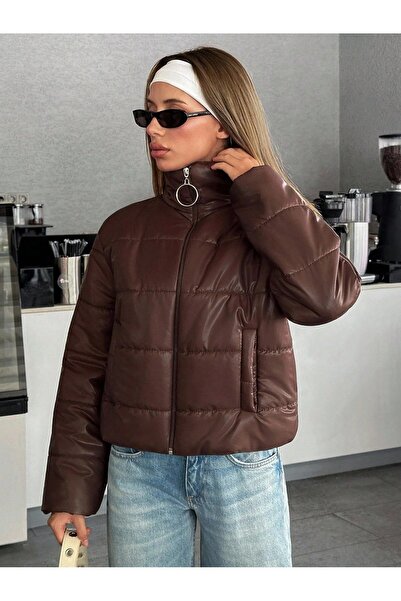 Hazinedan Women's Brown Waterproof Trendy Zippered Short Puffer Coat