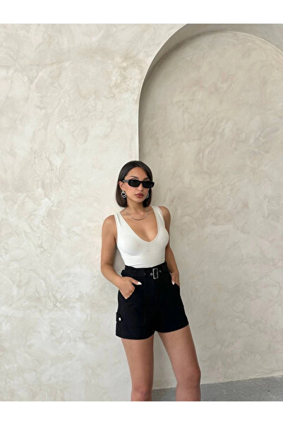 ZENGEZUR MALL Nrzsnt Belt Detailed Gabardine Shorts Black S25289 (103218) (Size: XL)