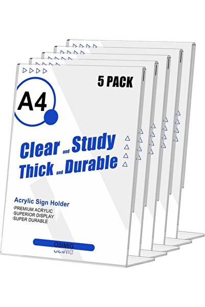 Slasa 5-Pack A4 Acrylic Sign Holder 29.7×21 cm – Clear L-Shaped Tilt Display Stand