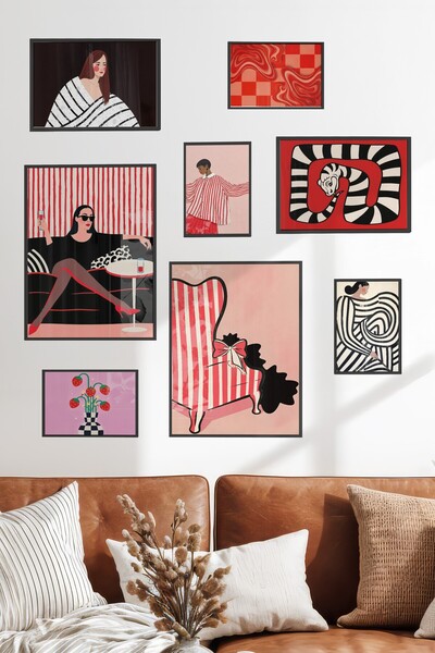 Postifull Çerçeveli Poster Seti, 8 Adet Siyah Çerçeve ve Poster Vintage Pembe...