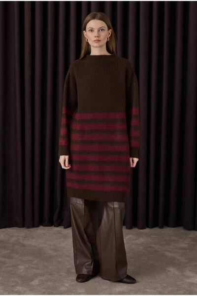 HEQA Fine Striped Long Sweater Brown-Burgundy