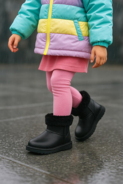 Tonny Black Girl's Black Fur Lined Warm Lined Children's Pvc Boots