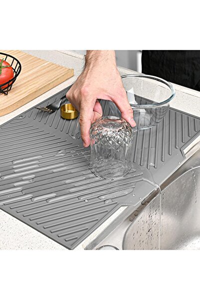 PANCA حصيرة تجفيف الأطباق - حصيرة تجفيف من السيليكون مع شفة تصريف مدمجة (رماد...