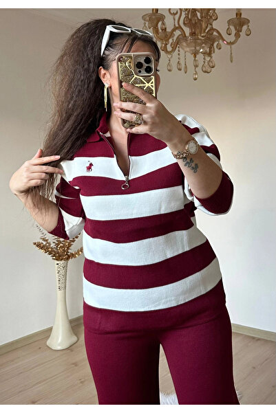 AZRA BUTİK Striped Knitwear Set Burgundy