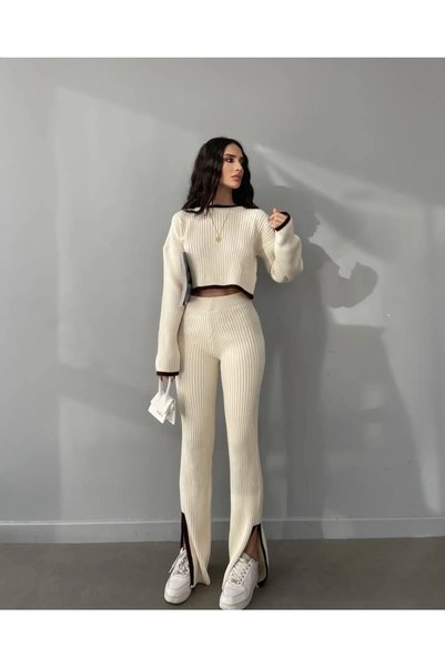 Trn JNS Milano Bej Maro Intersecție în dungi Y cu fantă Pantaloni crop tricot...