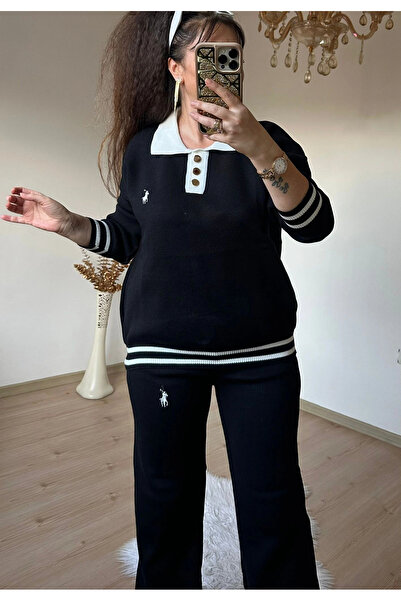 AZRA BUTİK Gold Buttoned Knitwear Set Black