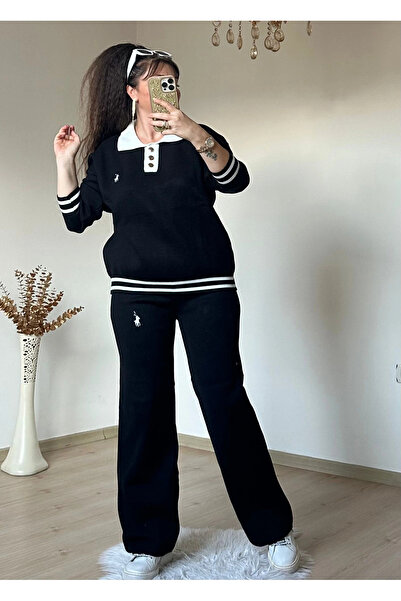 AZRA BUTİK Gold Buttoned Knitwear Set Black