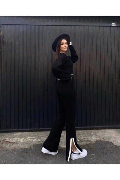 Modayıldızlar Milano Black and White Striped Slit Knit Crop-Pants Women's Knitwear Bottom-Top Set