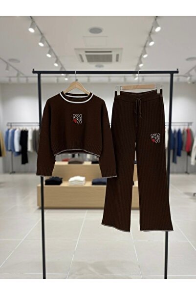 YusGos Women's Crew Neck Patterned Crop Sweater Pants Knitwear Top and Bottom Set