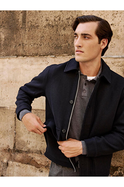 LC Waikiki SOUTHBLUE Синій стандартний крій сорочка з коміром Чоловічий кашеміровий пальто