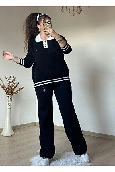 AZRA BUTİK Gold Buttoned Knitwear Set Black