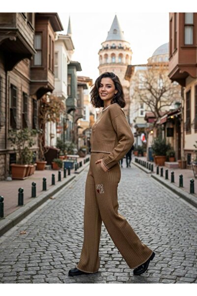 YusGos Women's Crew Neck Patterned Crop Sweater Pants Knitwear Top and Bottom Set