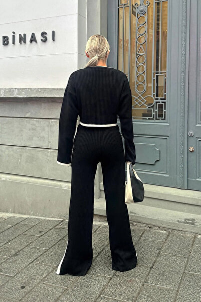 LİMABEL Μαύρο και άσπρο ριγέ άνοιγμα πλεκτό Crop-Pants Γυναικείο πλεκτό σετ κάτω-πάνω