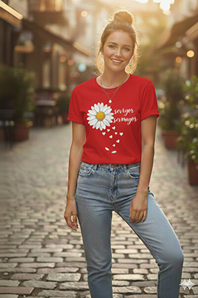 LiyAdaCo Women's Daisy Printed Oversized Red Crew Neck T-Shirt