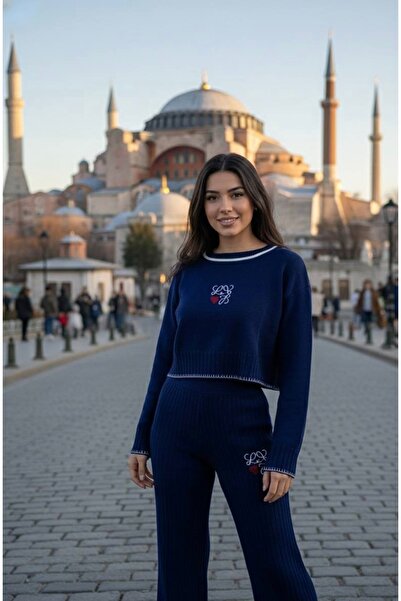 YusGos Women's Crew Neck Patterned Crop Sweater Pants Knitwear Top and Bottom Set