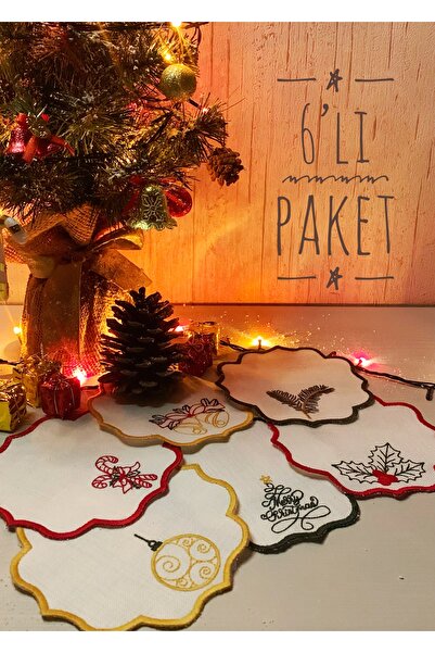 Mora Tekstil 6'lı Nakışlı Sunum Peçetesi Seti – Noel / Yılbaşı Temalı Dekoratif Sunum Peçetesi