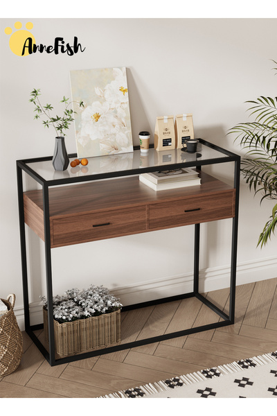 AnneFish 100*40*90cm 2 Tier Glass Console Table Sofa Table Coffee Corner with Storage Shelf and 2 Drawers