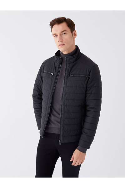 LC Waikiki Classic Black Standard Fit Mock Neck Men's Leather-Look Coat