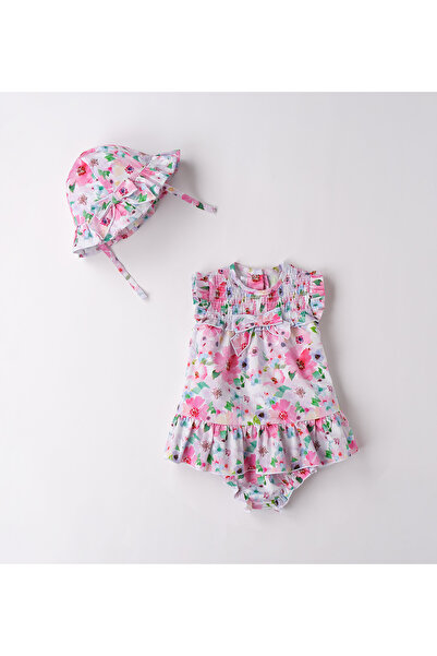 minibanda - Dress, hat and panties with floral print for girls, Multicolor, 74 cm