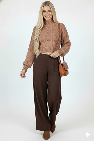 Millionaire Γυναικείο πλεκτό πουλόβερ με χοντρό πλέγμα σε ανοιχτό καφέ χρώμα με μισό ζιβάγκο