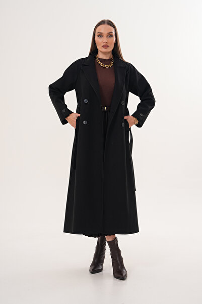 Pinpery Black Belted Lined Wool Long Cashmere Coat