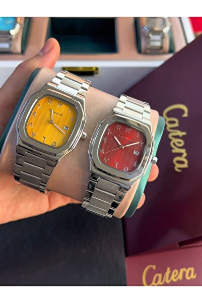 catera Limited-time offer: Men's stainless steel watch with a burgundy and silver dial, yellow dial, and Arabic numerals.