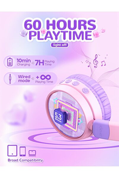 iClever Kids Bluetooth Headphones, LED Cat Ear, 60H Playtime, Safe Volume, Bluetooth 5.3