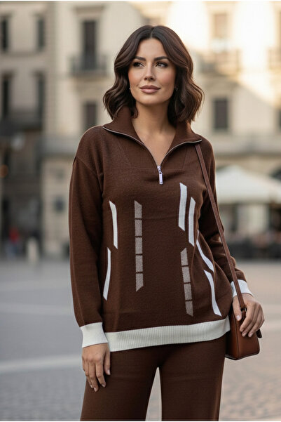 YusGos Women's Vertical Stripe Patterned Zippered Collar Bottom Top Pants Sweater Knitwear Set