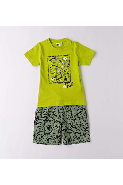 İDO - 2-piece printed T-shirt and shorts set, electric green/fern green, 104 cm