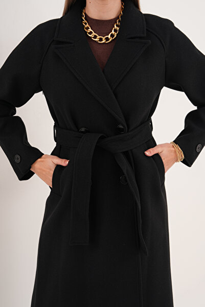 Pinpery Black Belted Lined Wool Long Cashmere Coat
