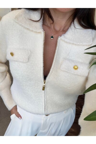 NEWCO Rita Gold Detail Polo Neck Soft Textured Angora Cardigan Stone