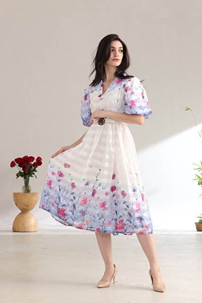 Verona Trading Company Striped chiffon midi dress with soft floral prints, puff sleeves, classic collar, and front buttons – elegant design