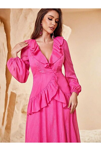 Justforjoyful ​✨Glamorous Vibrant Hot Pink Ruffle Trim Maxi Dress - Long Slee...